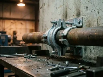 Gegalvaniseerde stalen pijpklem op industriële buis tegen betonnen muur, met metaalvijlsel en bouten op versleten werkbank.