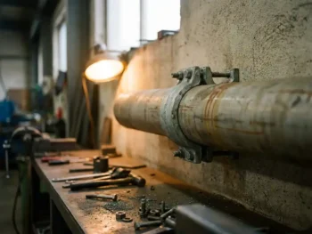 Verzinkte pijpklem om een industriële stalen buis gemonteerd tegen een betonnen muur, met metaalvijlsel op een werkbank op de achtergrond.