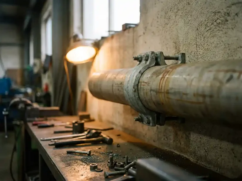 Verzinkte pijpklem om een industriële stalen buis gemonteerd tegen een betonnen muur, met metaalvijlsel op een werkbank op de achtergrond.