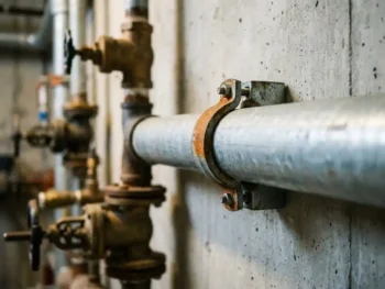 Stalen pijpklem bevestigd aan industrieel leidingwerk op ruwe betonnen muur, met omliggende fittingen op de achtergrond.