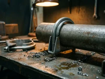 Stalen pijpklem om een industriële pijp op een verweerde metalen werkbank met staalspanen en een tweede klem.