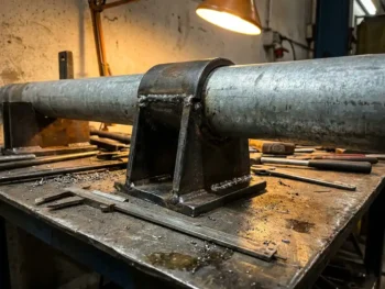 Zware stalen staartbeugel geklemd om industriële pijp op werkbank, met metaalspanen en schuifmaat, lasmarken zichtbaar.
