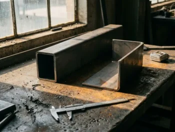 Stalen unistrut-kanaal en op maat gebogen beugel op verweerde werkbank, omringd door staalvijlsel en schuifmaat.