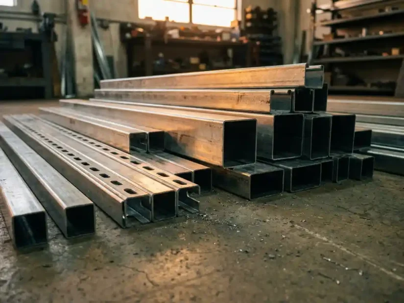 Galvaniseerde Unistrut stalen kanaalprofilen in verschillende maten op betonnen werkplaatsvloer, opgenomen vanuit laag camerastandpunt.