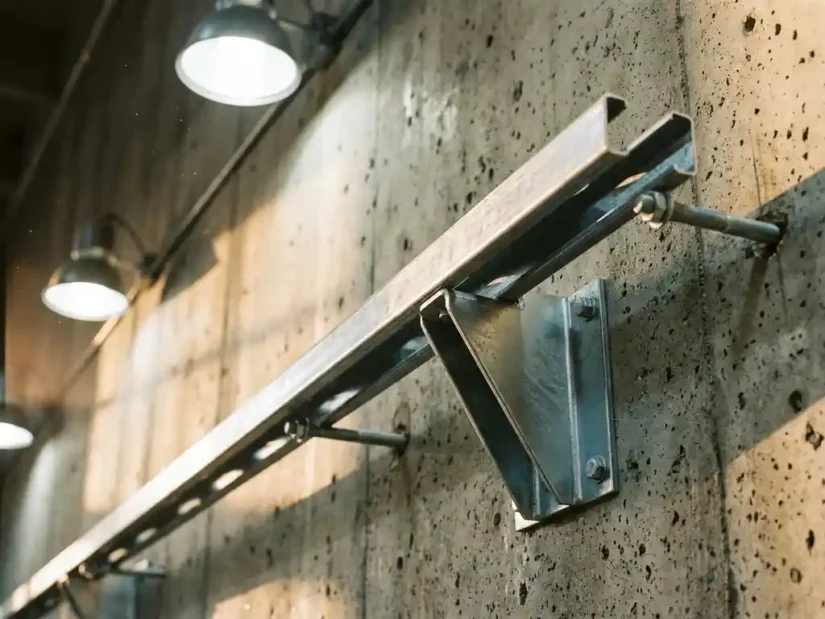 Stalen unistrut kanaalprofiel bevestigd aan ruwe betonnen muur met verzinkte ankerbouten in industriële werkplaats.