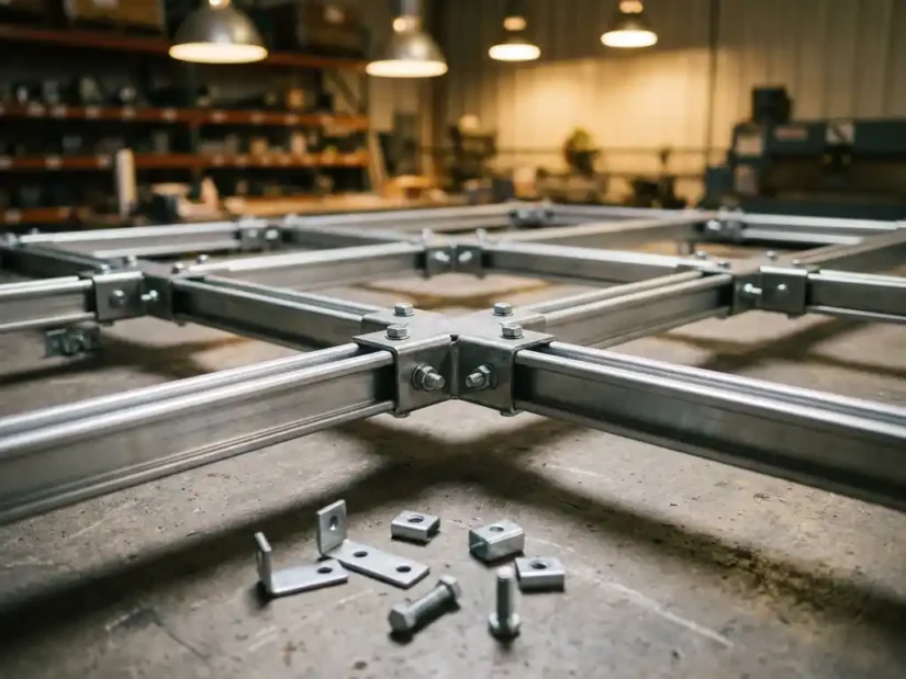 Zilveren unistrut kanaalsecties in kruisend rasterframe, gebout met stalen bevestigingen op betonnen industrievloer.