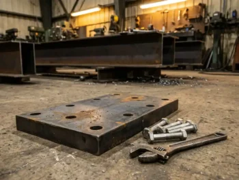 Stalen voetplaat met ankerbouten gaten op betonvloer, roestvrij stalen bouten en moersleutel ernaast, industriële werkplaats.