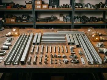 Unistrut kanaalrail set met metalen profielen, bouten, klemmen en fittingen uitgelegd op een verweerde stalen werkbank.