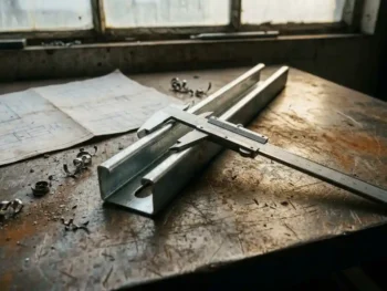 Metaalschuifmaat over een zilveren unistrut kanaalprofiel op verweerde stalen werkbank, met technische tekening en metaalspanen.