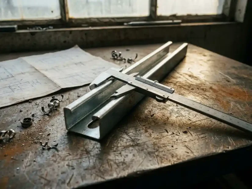 Metaalschuifmaat over een zilveren unistrut kanaalprofiel op verweerde stalen werkbank, met technische tekening en metaalspanen.