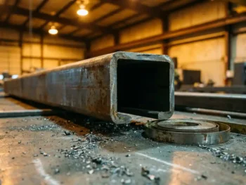 Zware unistrut kanaalprofielrail met C-vormige doorsnede op stalen werkplaatsvloer, omringd door metaalspanen en een stalen meetlint.
