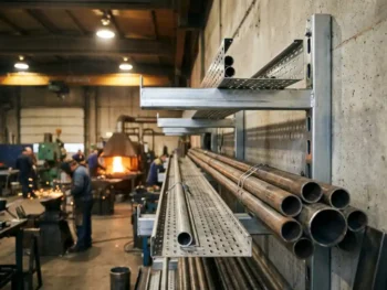 Unistrut kanaalprofiel op betonnen industriële muur met stalen leidingen en kabelgoten in een fabriek.