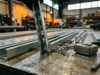 Zilveren unistrut kanaalprofiel met C-vormige doorsnede op versleten stalen werkplaatsvloer, omgeven door metaalspanen en een meetlint.