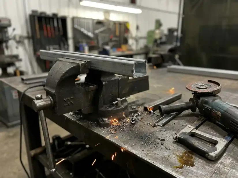 Unistrut kanaalprofiel vastgeklemd in bankschroef, omgeven door staalvijlsel en vonken op een industriële werkbank.