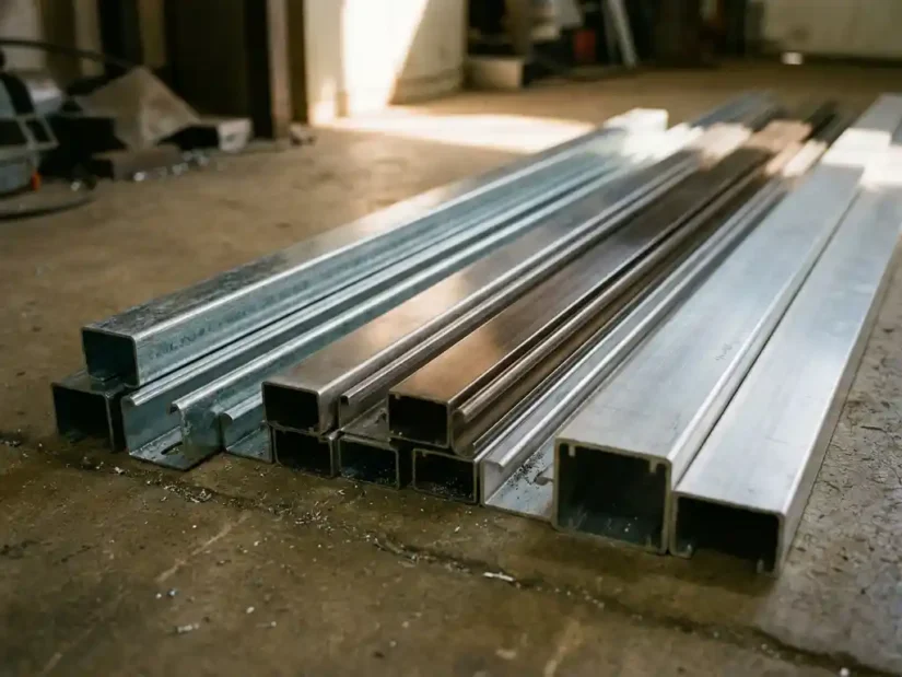 Stalen, roestvrijstalen en aluminium unistrut-kanaalprofielen naast elkaar op een betonnen werkplaatsvloer.
