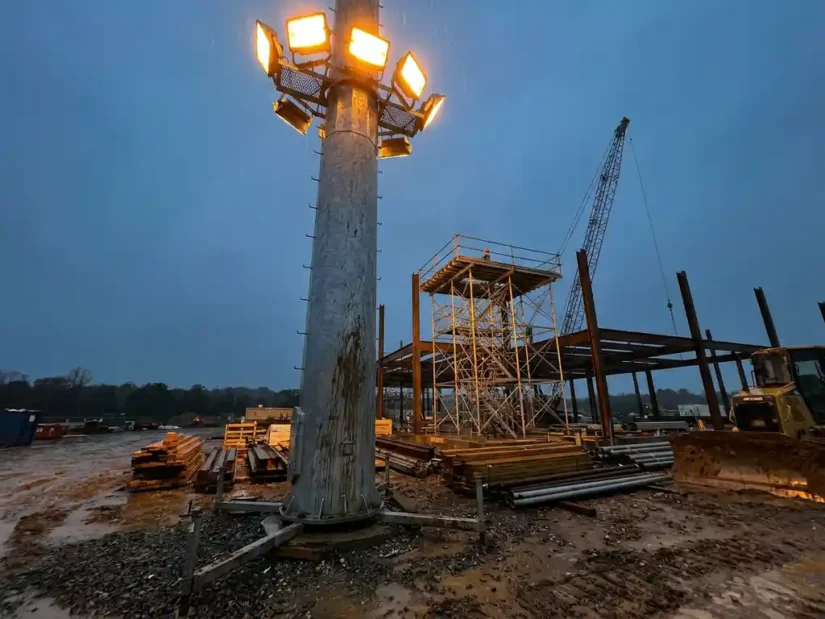 Hoge gegalvaniseerde stalen lichtmast op actieve bouwplaats, schijnwerpers verlichten steigers en staalconstructie bij schemering.