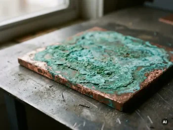 Verweerde koperen plaat met levendige turquoise en smaragdgroene verdigris patina, roodbruine randen, gefotografeerd in industrieel daglicht.