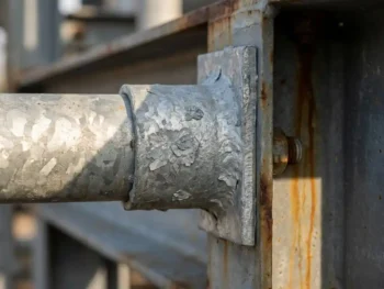 Verzinkte pijpbeugel op staalconstructie met kristallijne zinklaag en roestsporen op omliggend onbehandeld metaal.