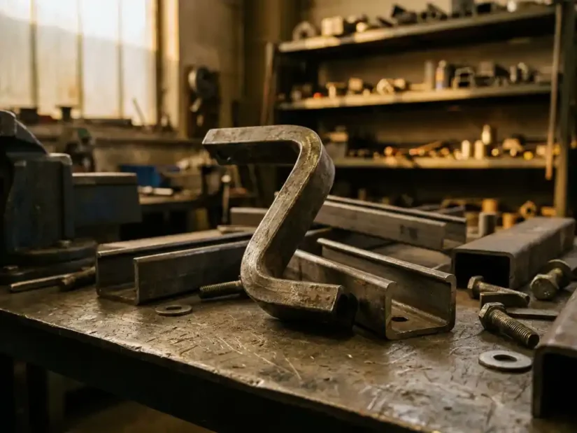 Z-vormige stalen connector op metalen werkbank, omgeven door staalprofielen en montagebouten in industriële werkplaats.