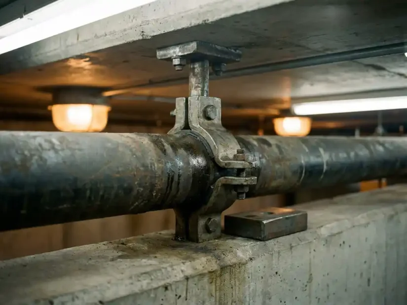 Stalen pijpklem die een dikke industriële buis vastgrijpt, gemonteerd op betonnen plafond met bouten, zachte industriële belichting.